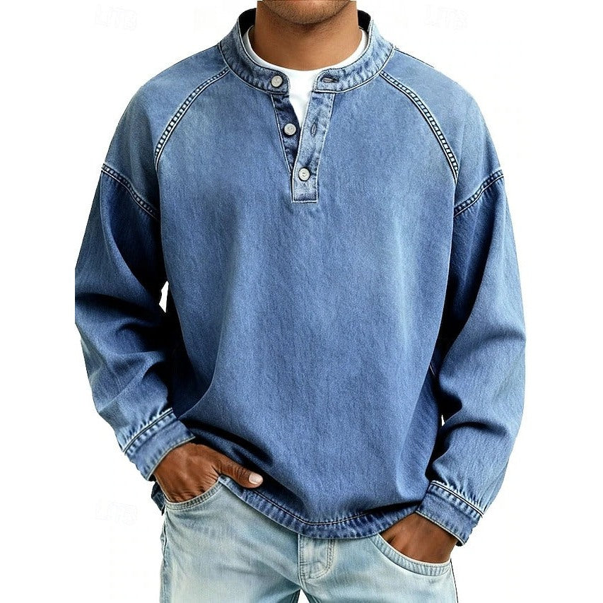 Men's washed henley sweatshirt in light blue