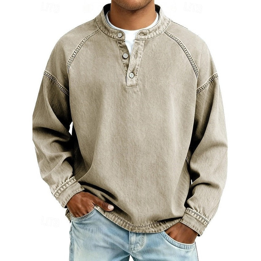 Men's washed henley sweatshirt in khaki