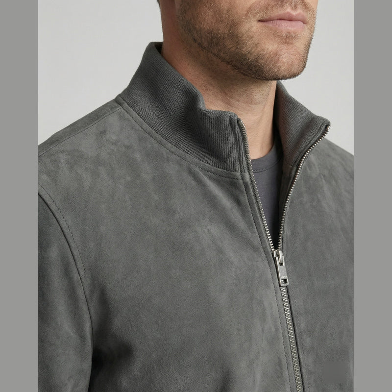 Close-up of the collar and zip on the grey bomber jacket