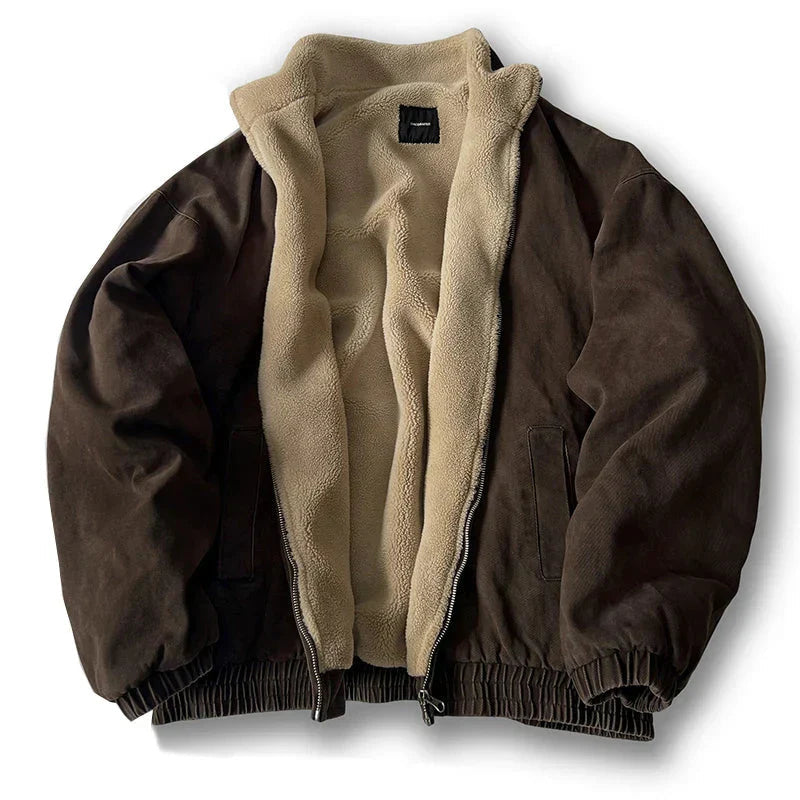Men's zip-up winter jacket with stand collar in brown