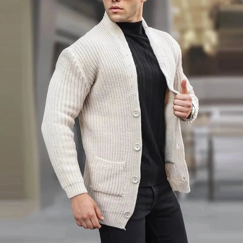Man wearing white chunky knit cardigan