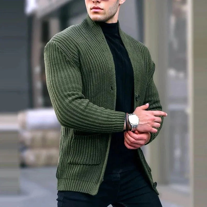 Man wearing army green chunky knit cardigan
