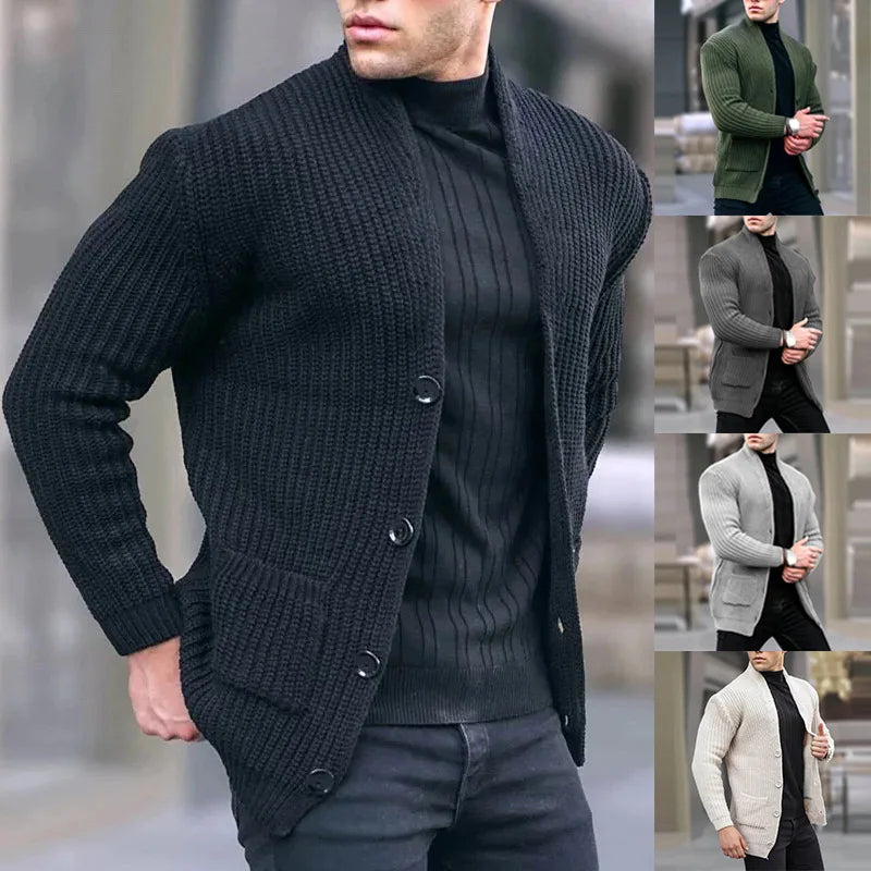 Man wearing black chunky knit cardigan with colour overview