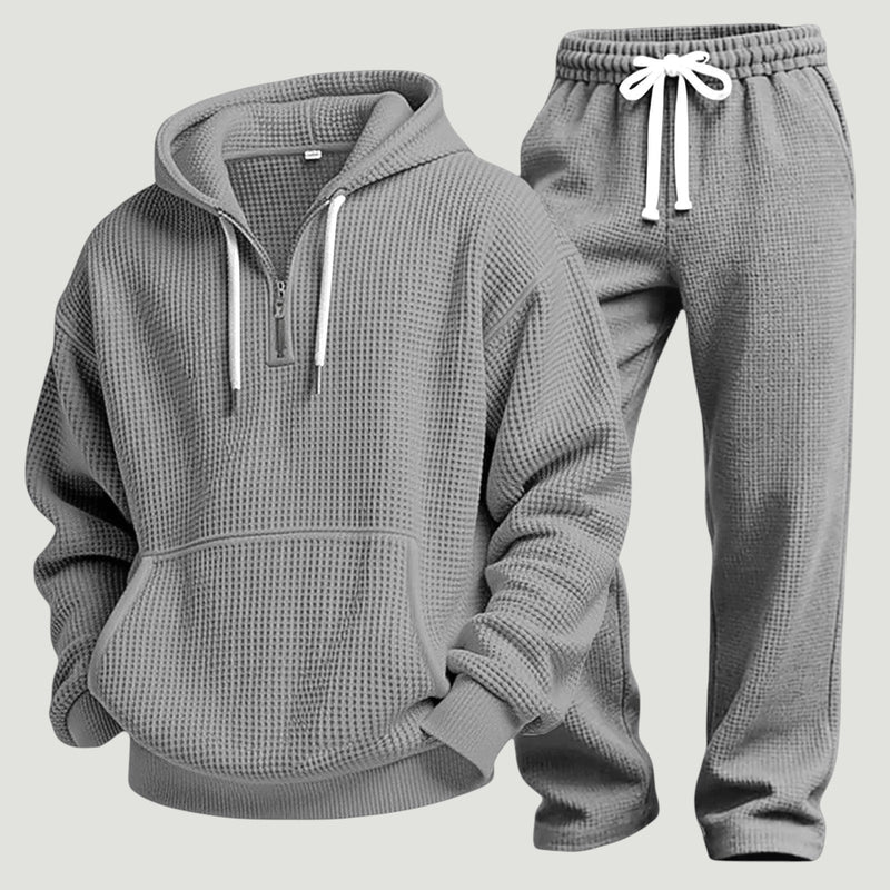 Grey men's hoodie and joggers set – flat view