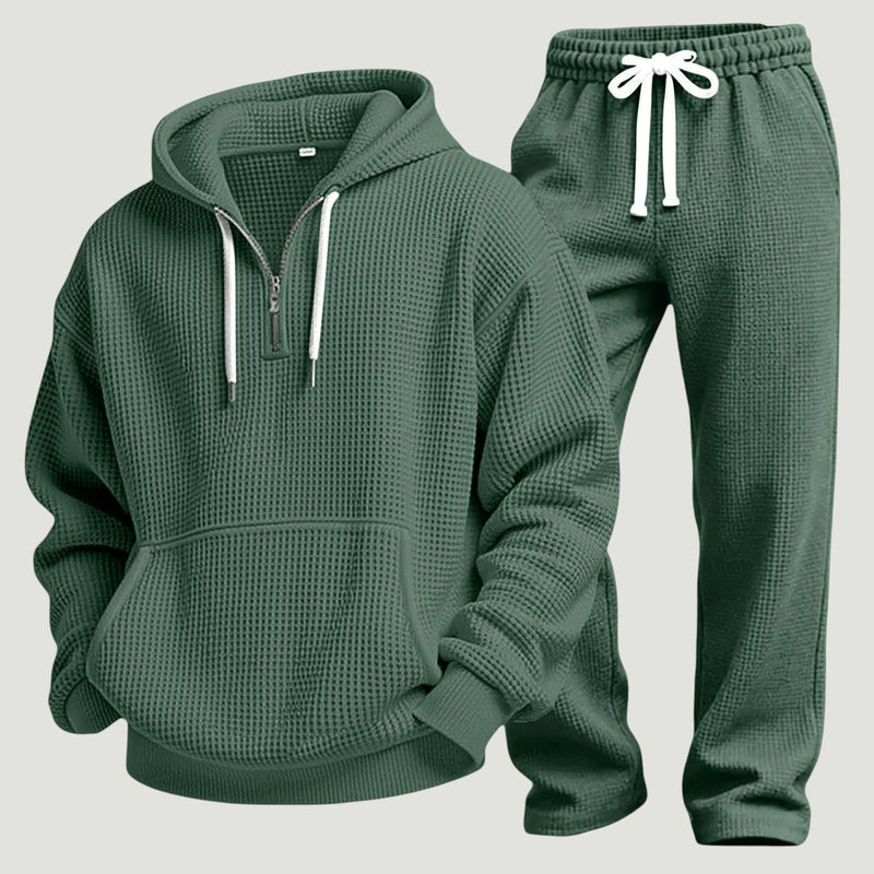 Green men's hoodie and joggers set – flat view