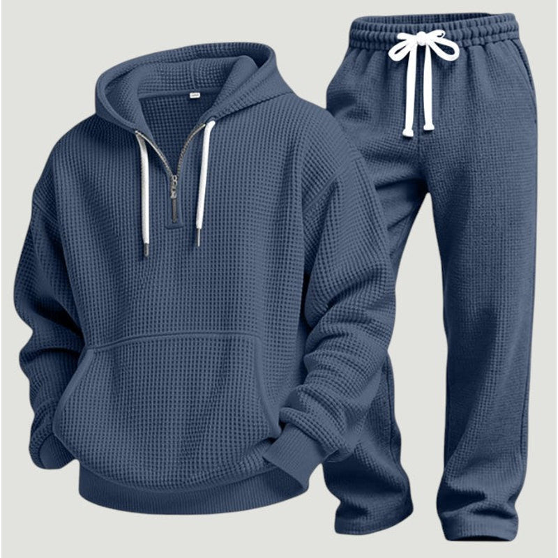 Dark blue men's hoodie and joggers set – flat view