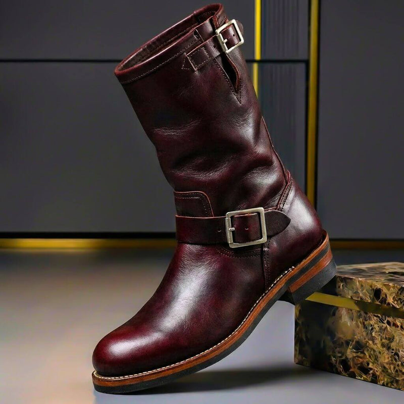Wine red men's mid-calf engineer boot with buckle straps