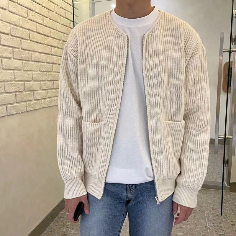 Men's Ribbed Zip-Up Cardigan with Pockets for Work and Weekend