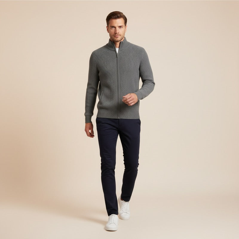 Men's Ribbed Zip Cardigan with Stand Collar for Office and Weekend