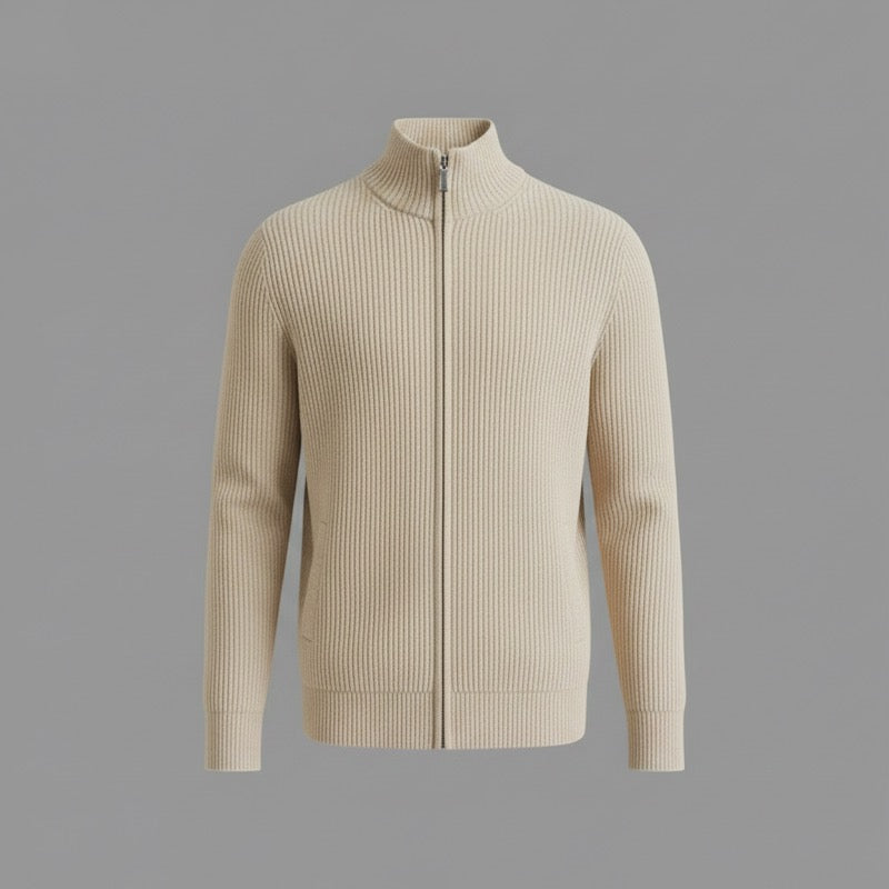 Beige ribbed zip cardigan with stand collar – product view
