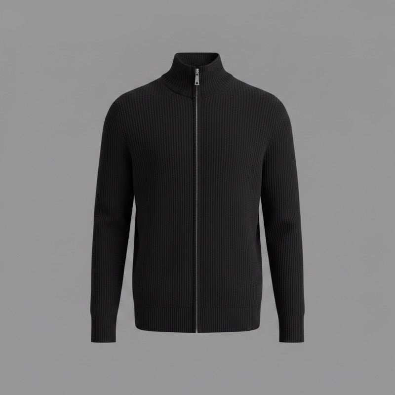 Black ribbed zip cardigan with stand collar – product view