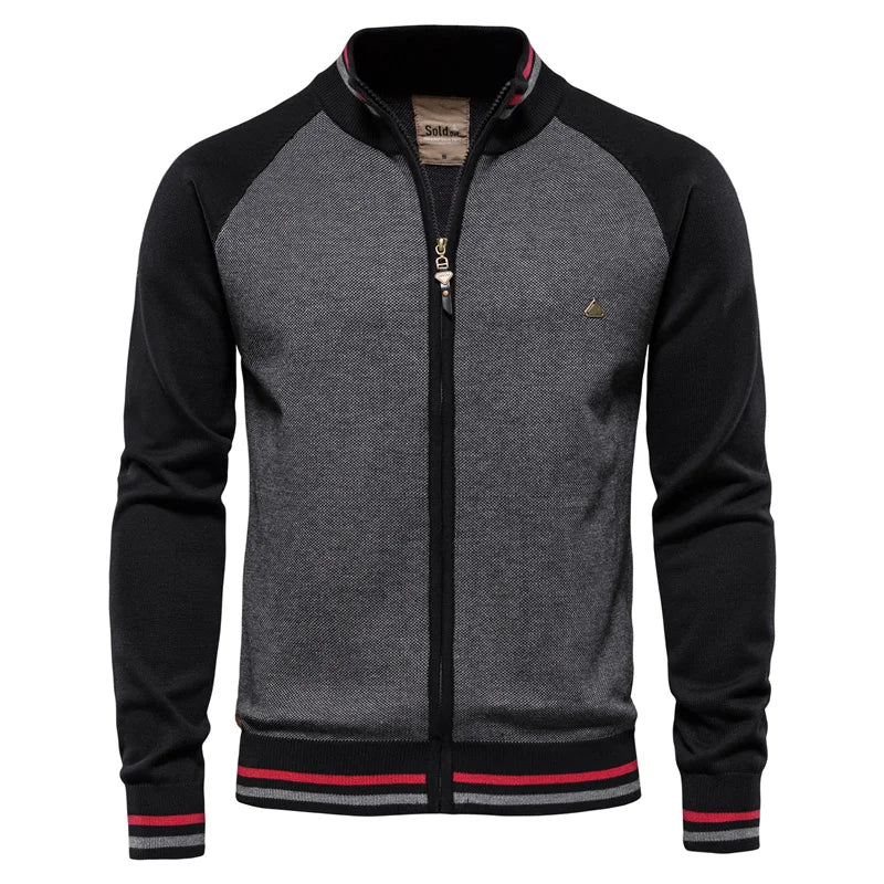 Men's Stand Collar Zip-Up Cardigan with Striped Trim for Winter