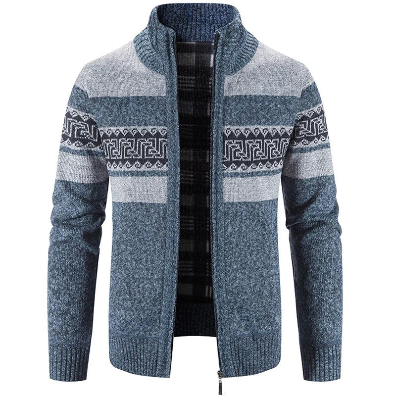 Men's Stand Collar Zip-Up Knit Jacket with Pattern for Autumn Winter