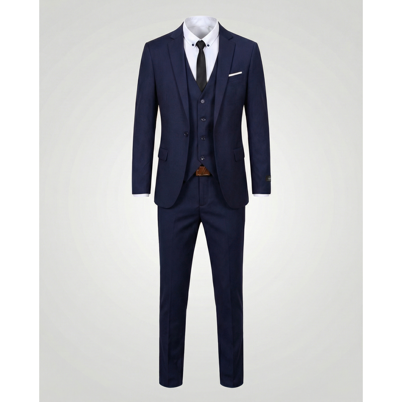 Navy blue men's three-piece suit – front view