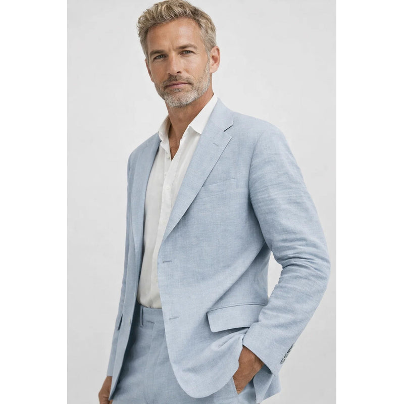 Man in light blue two-piece suit with tailored blazer