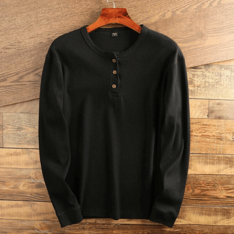 Black men's waffle knit Henley shirt – front view