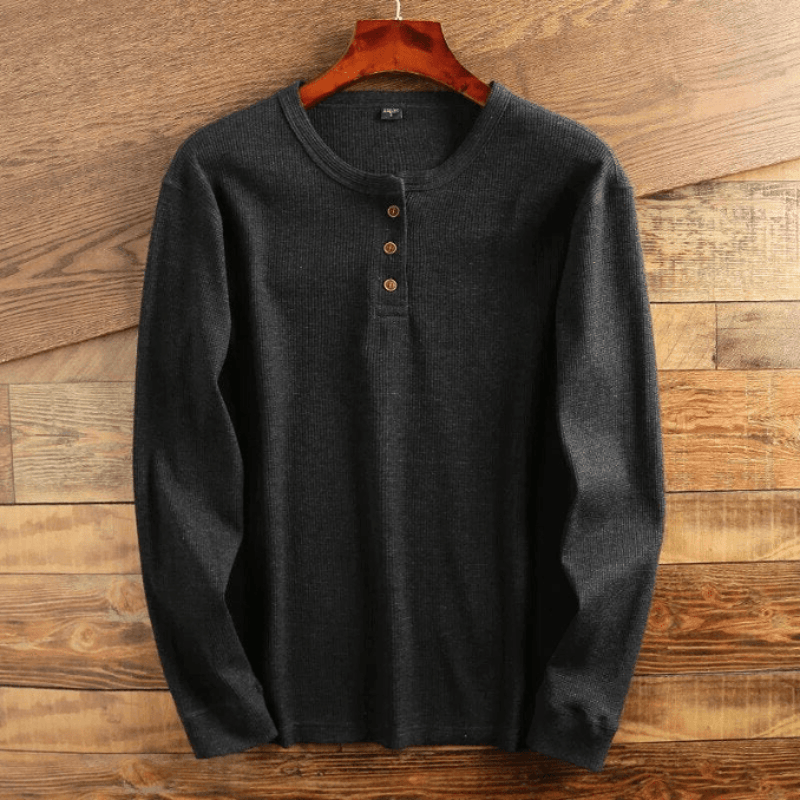 Dark grey men's waffle knit Henley shirt – front view