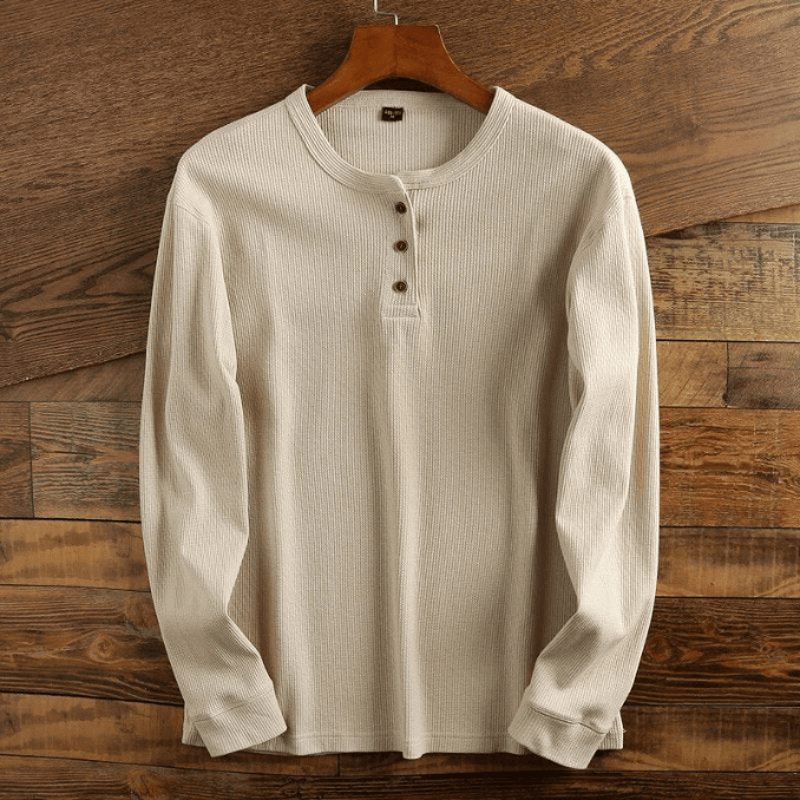 Cream men's waffle knit Henley shirt – front view
