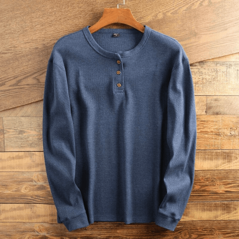 Navy blue men's waffle knit Henley shirt – front view