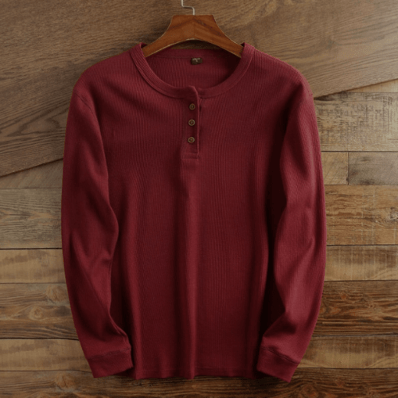 Wine red men's waffle knit Henley shirt – front view