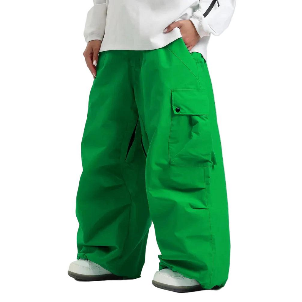 Person wearing bright green baggy cargo trousers