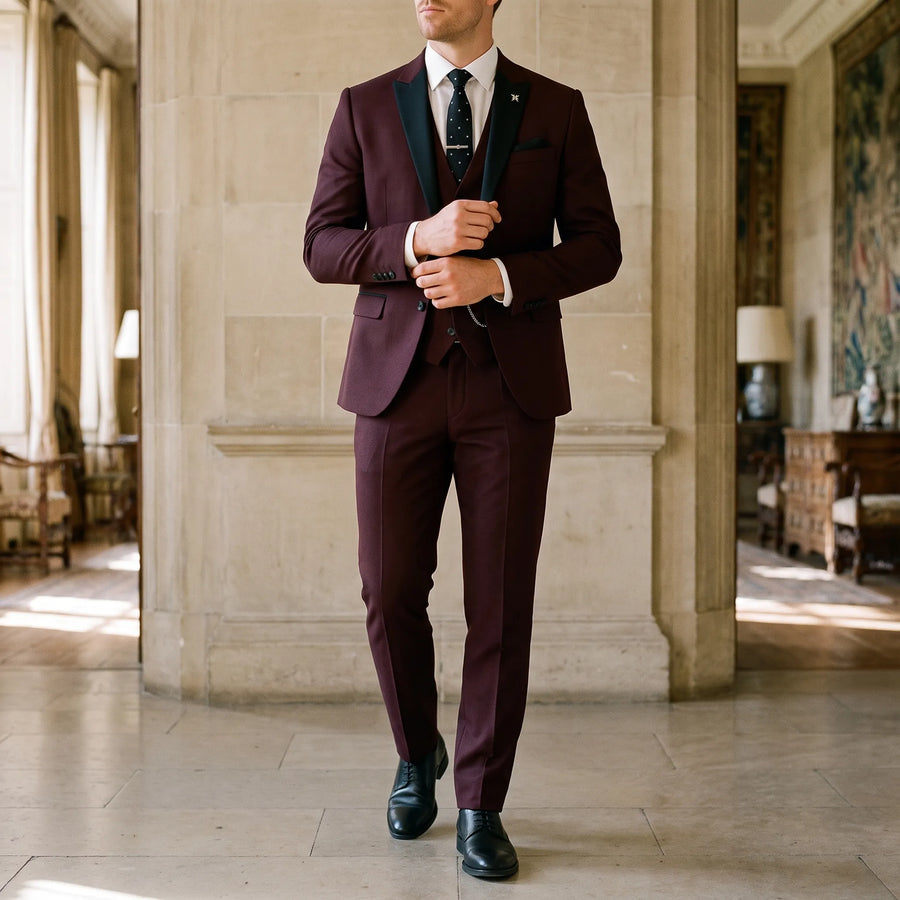 Men's Burgundy Tailored Three-Piece Suit