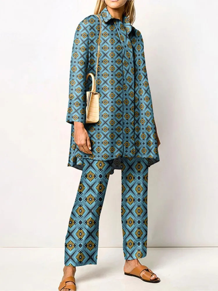 Women's Printed Shirt Pants Set for Autumn Wear