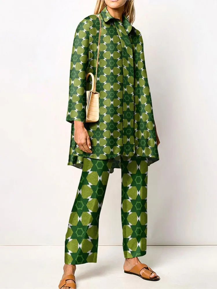 Women's Printed Shirt Pants Set for Autumn Wear