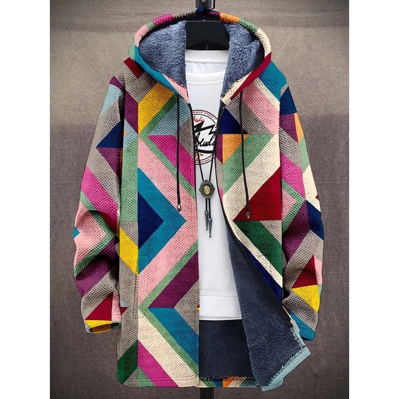 Women's art print hooded jacket with fleece lining in multicolour