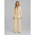 Women's beige belted blazer and wide-leg trouser suit