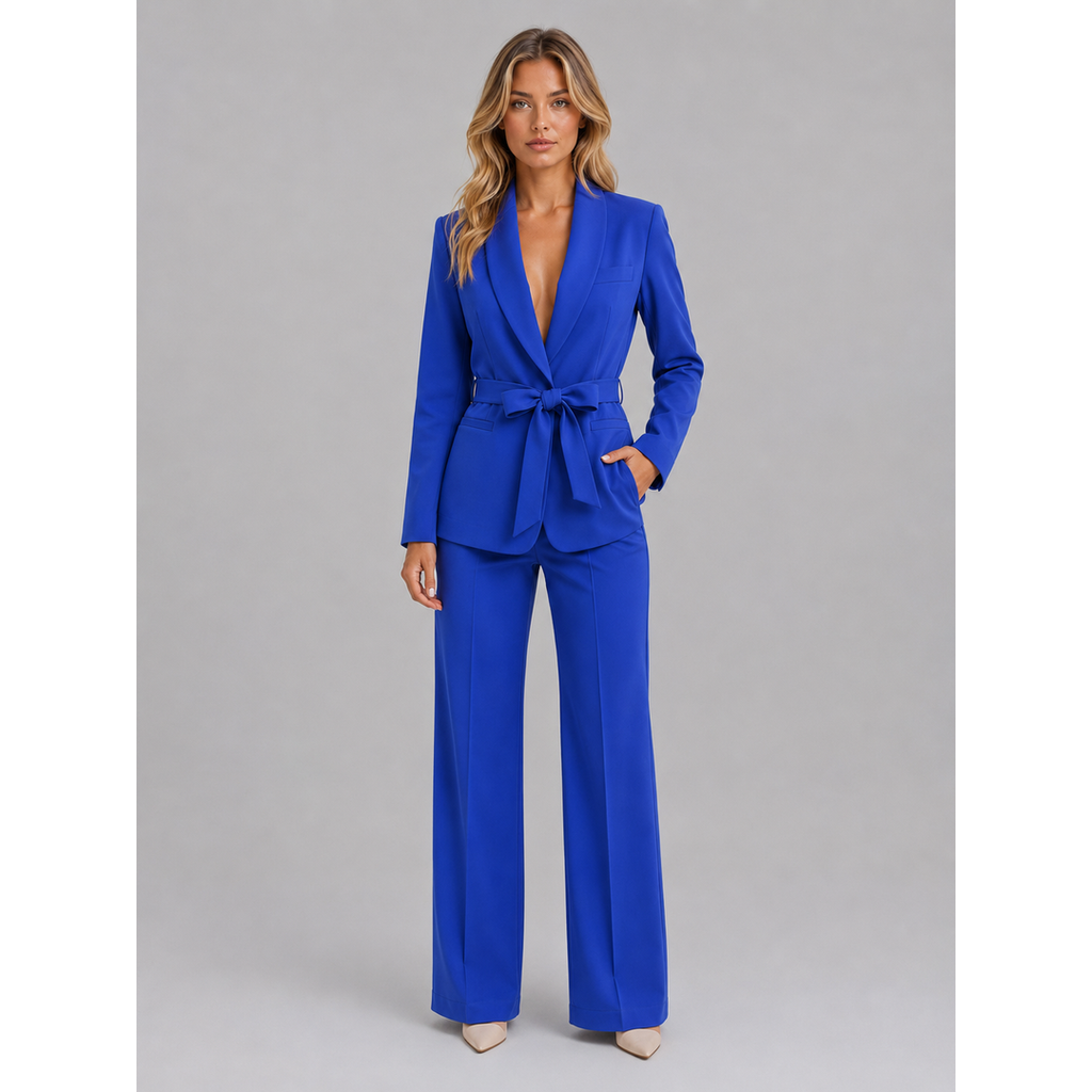 Women's blue belted blazer trouser suit