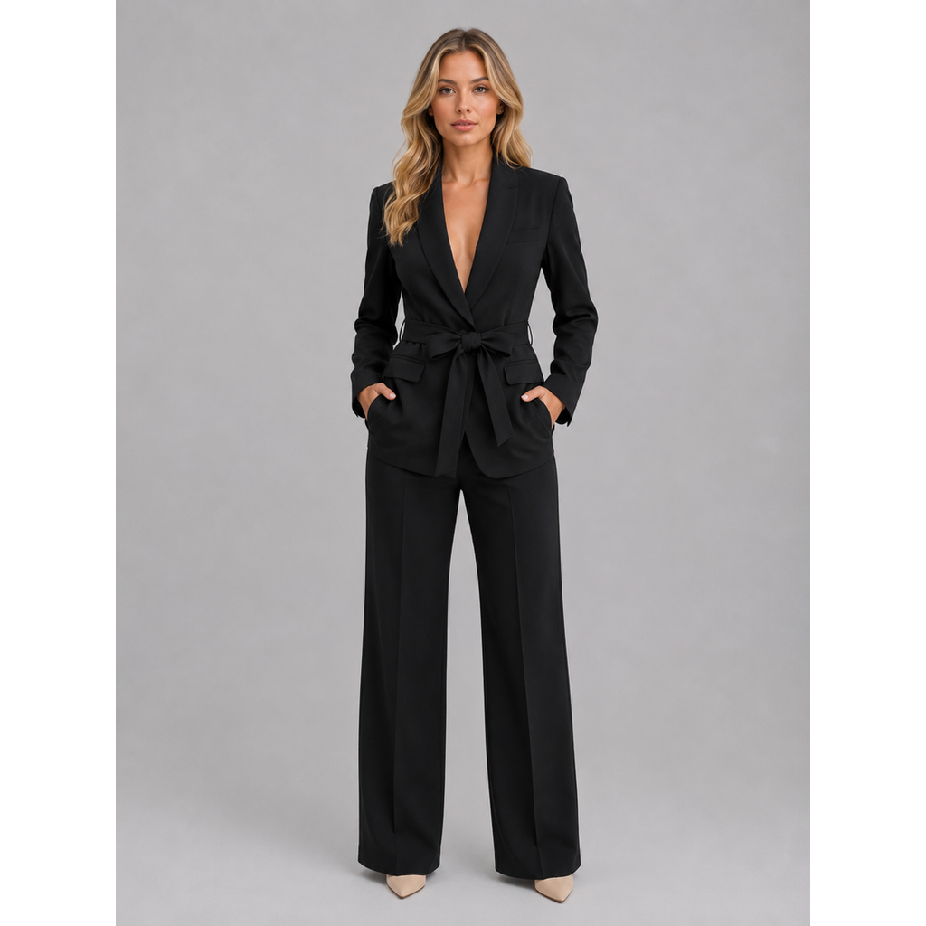 Women's black belted blazer and trouser suit