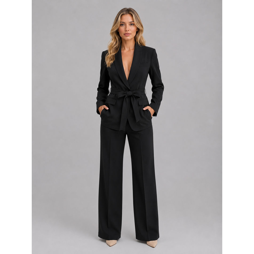 Women's black belted blazer and trouser suit