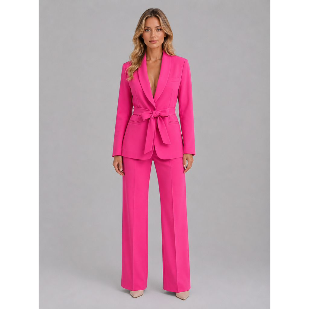 Women's pink belted blazer trouser suit