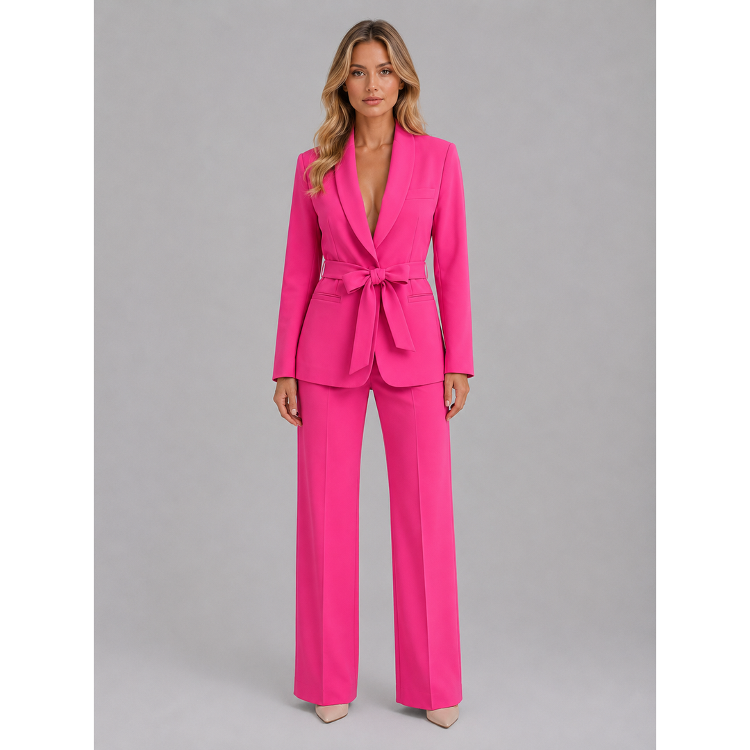 Women's pink belted blazer trouser suit