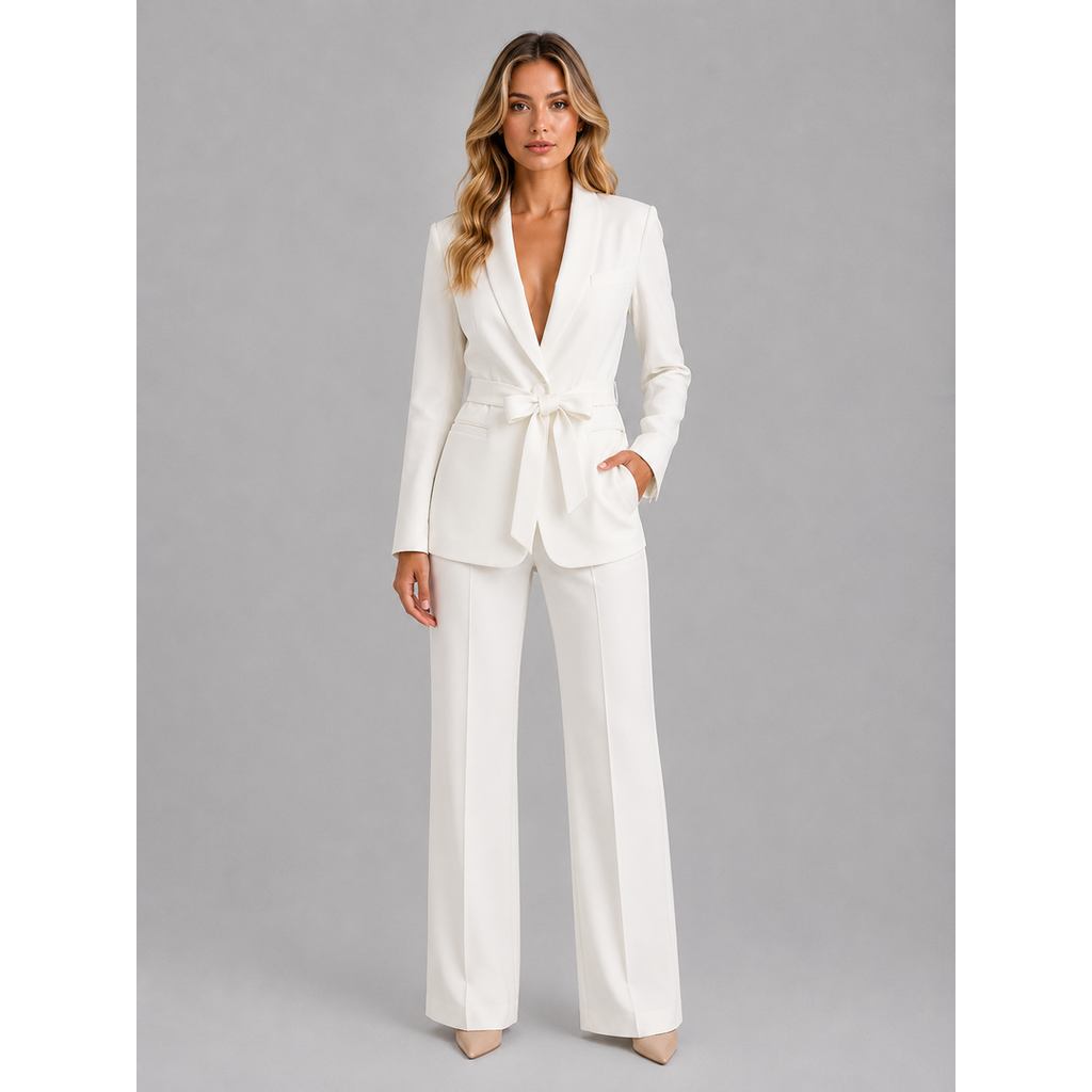 Women's white belted blazer and wide-leg trouser suit