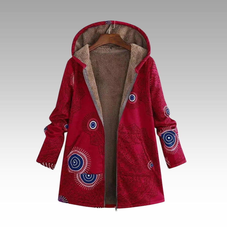 Women's Boho Print Hooded Jacket with Plush Lining for Winter Days