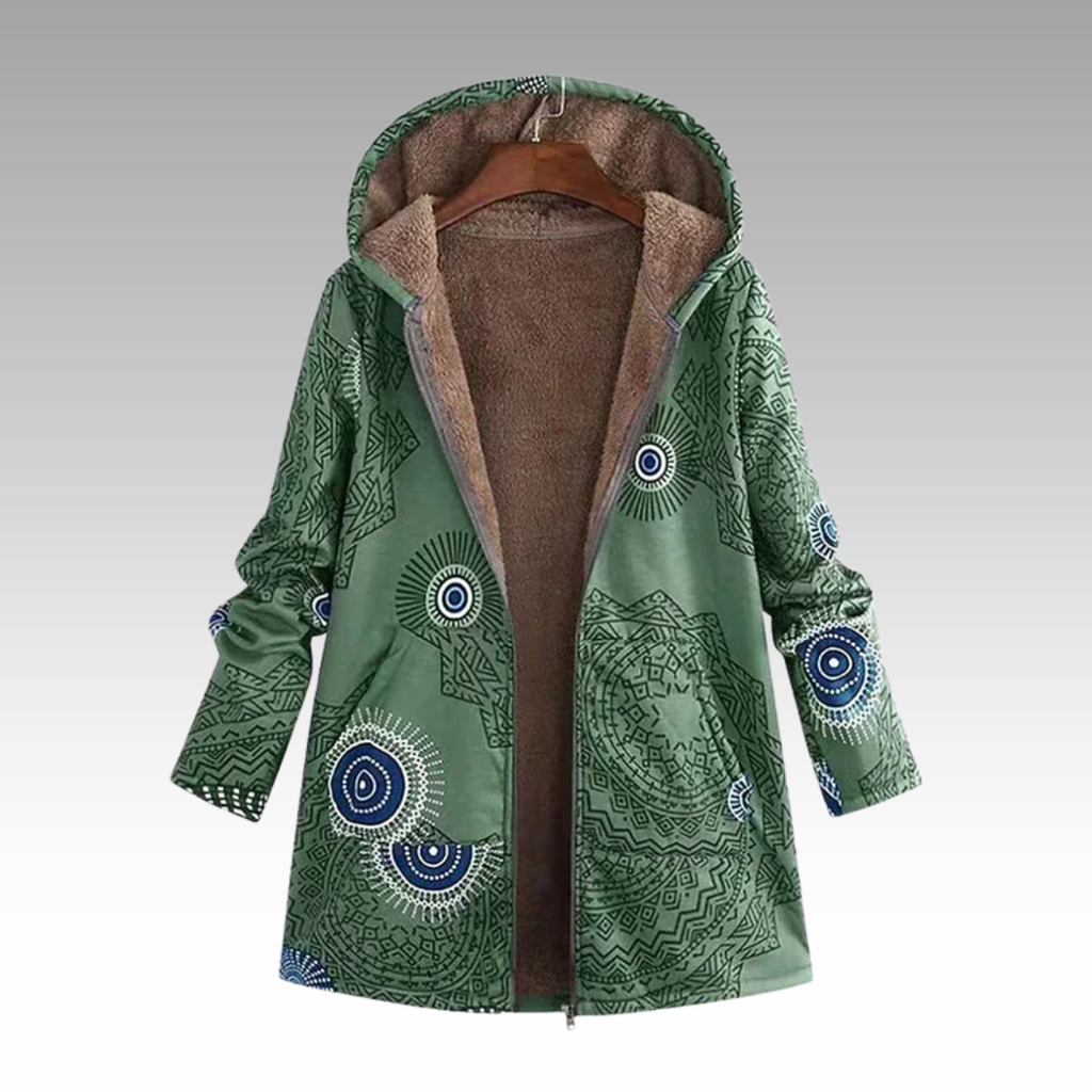 Women's green hooded jacket with boho circle print