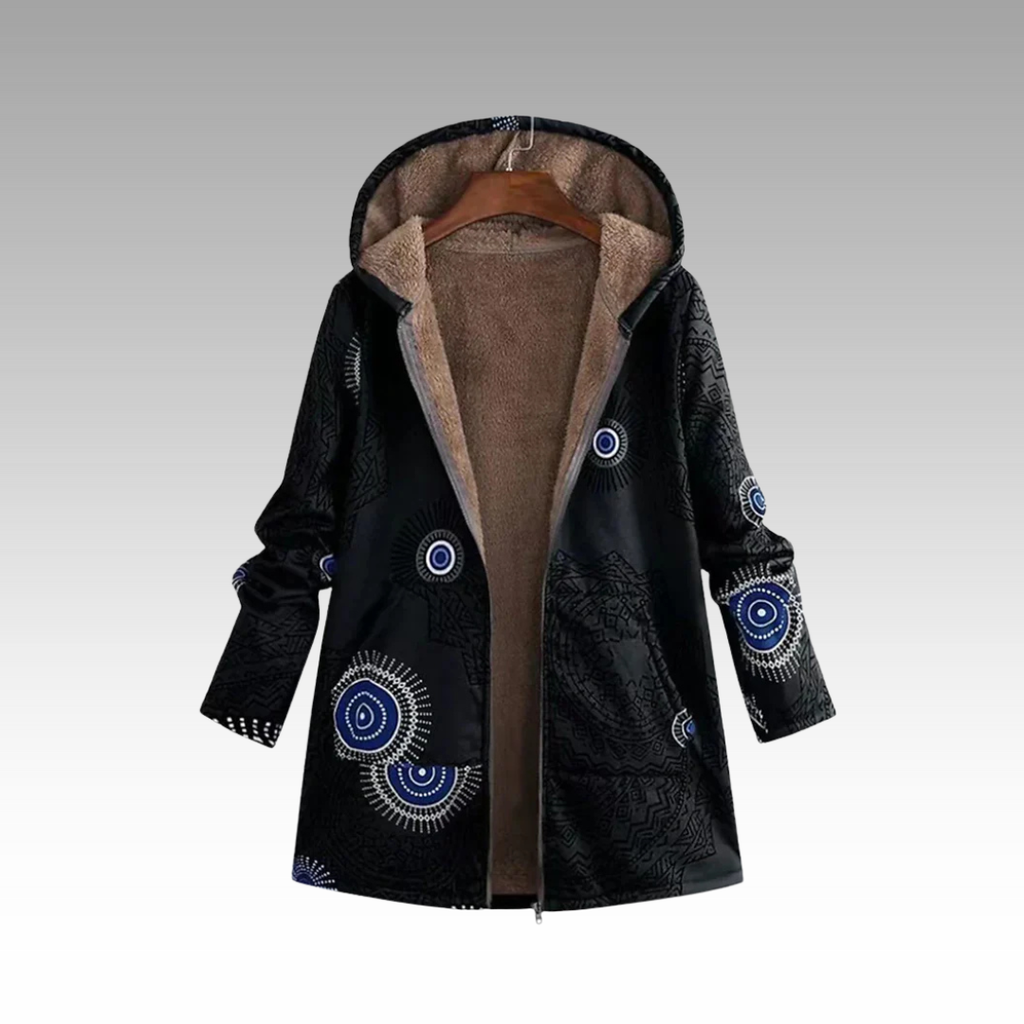 Women's black boho print plush-lined jacket
