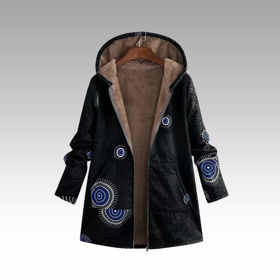 Women's black boho print plush-lined jacket