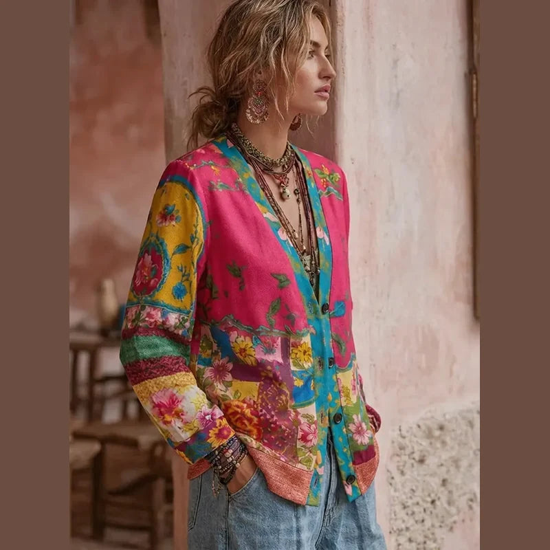 Woman wearing the pink boho print cardigan – front view