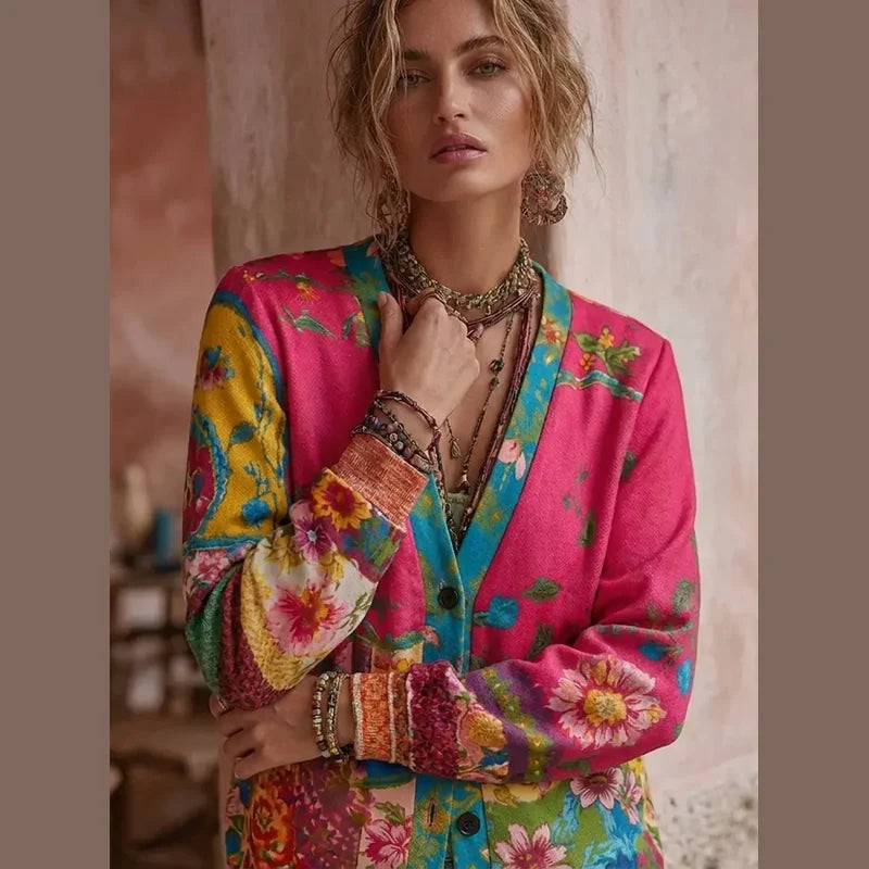 Woman wearing the pink boho print cardigan – side view
