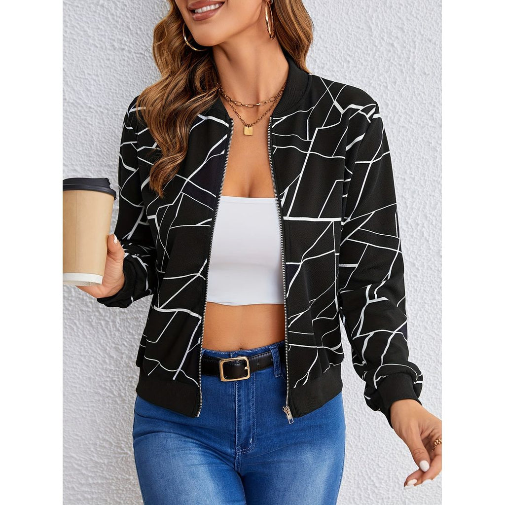 Women's Bomber Jacket with Geometric Print in black