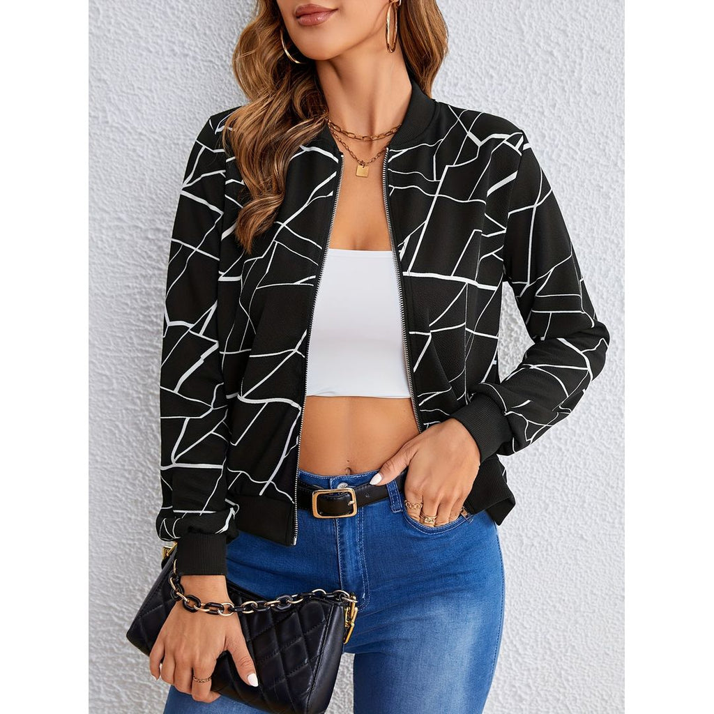 Women's Bomber Jacket with Geometric Print, front view