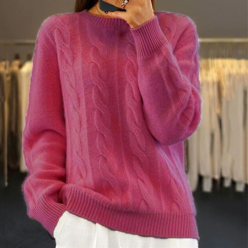 Women's cable knit crew neck sweater in magenta