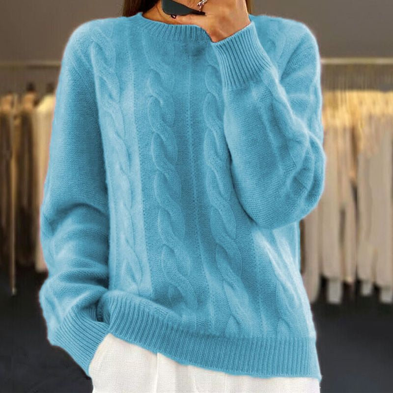 Women's cable knit crew neck sweater in turquoise