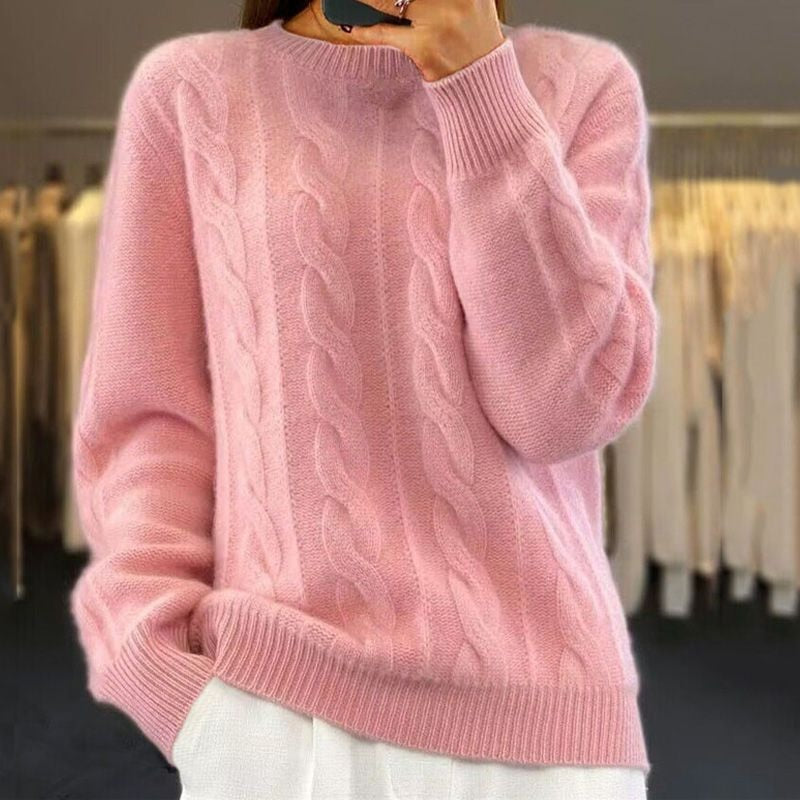 Women's cable knit crew neck sweater in pink