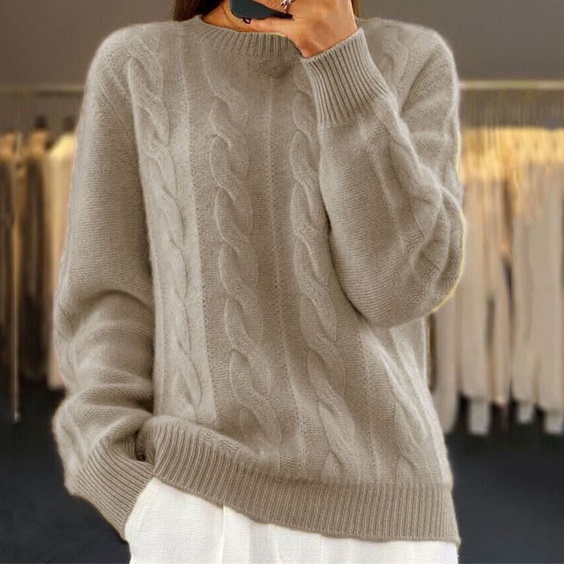 Women's cable knit crew neck sweater in taupe