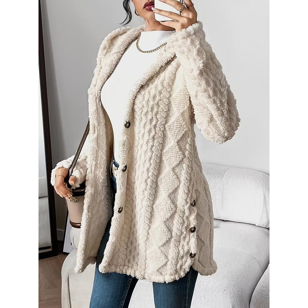 Women's beige cable knit hooded cardigan