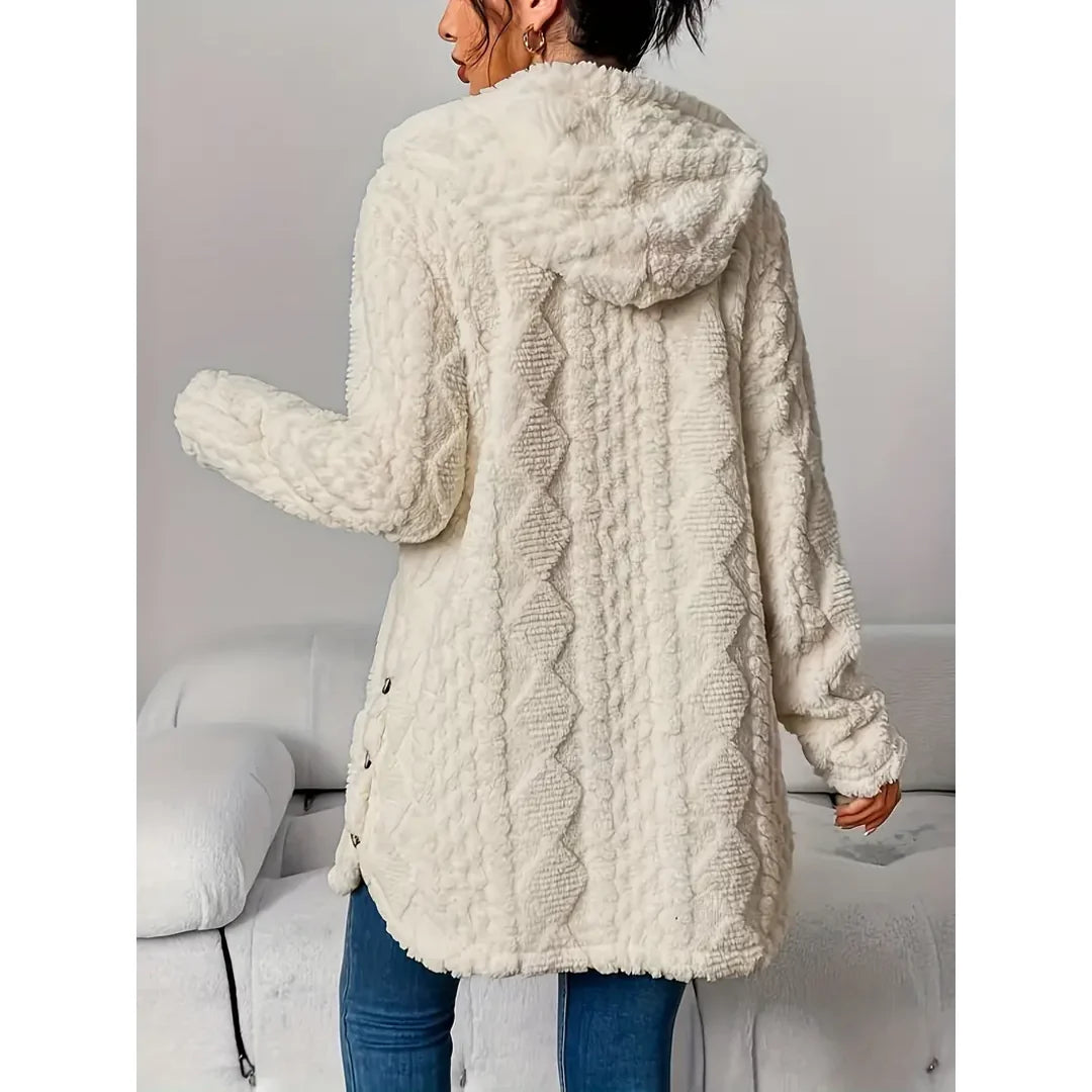 Women's beige cardigan – back view with hood